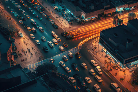 bright lights and traffic jams in large city, aerial view of busy street, created with generative aiの素材
