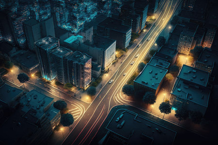 night panorama of business district with cars and homes, aerial view of busy city street, created with generative ai