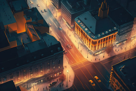 evening illumination of buildings and streets, aerial view of busy city street, created with generative aiの素材