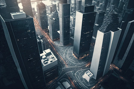 modern business center with skyscrapers, aerial view of busy city street, created with generative aiの素材