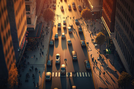 morning walk on city street with people and cars, aerial view of busy city street, created with generative aiの素材