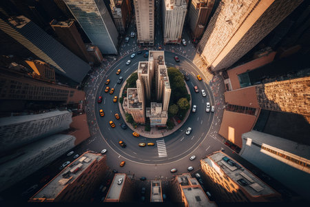 street with traffic circle and tall buildings in center of city, aerial view of busy city street, created with generative aiの素材