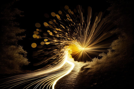 long exposure of moving light source, such as a flashlight or the sun, creating a trail of light, created with generative aiの素材