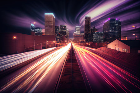 nighttime cityscape with speeding traffic and long exposures, created with generative aiの素材