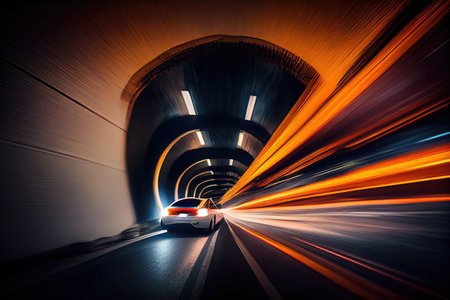 long exposure of car passing through tunnel, with light streaks and blurred background, created with generative aiの素材