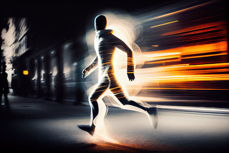 long exposure of person running, with the blur of motion adding to the dynamic energy, created with generative aiの素材