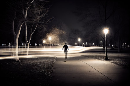 person, running through park at night, with long exposure showing the movement and blurring of the scene, created with generative aiの素材