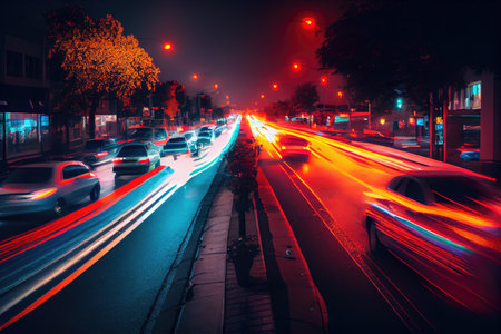 long exposure of a busy street, with the movement and lights of the cars creating a blurry haze, created with generative aiの素材