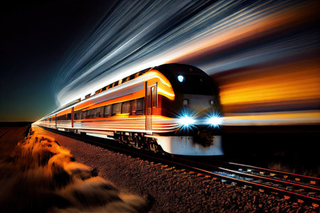 a train, with its lights and windows shining bright, speeding past the night sky, created with generative aiの素材