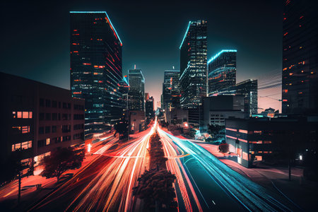 nighttime cityscape, with the lights of buildings and cars moving through long exposure, created with generative aiの素材