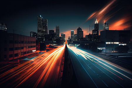 nighttime cityscape, with the lights of buildings and cars moving through long exposure, created with generative aiの素材
