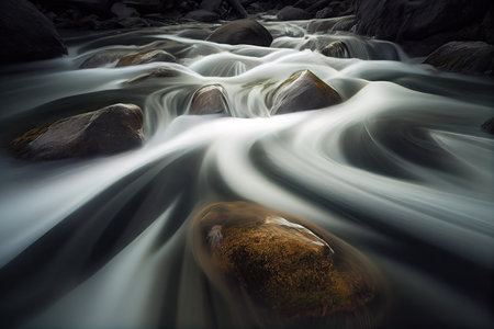 long exposure of stream with moving water, creating blurred and hypnotic effect, created with generative aiの素材