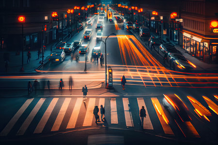 a long exposure of a busy street, with the traffic lights and people moving in slow motion, created with generative aiの素材