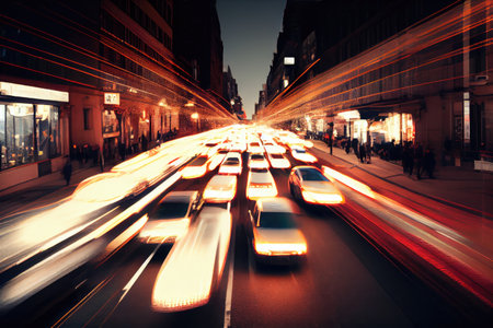 a long exposure of a busy city street, with cars and people whizzing by in blur, created with generative aiの素材