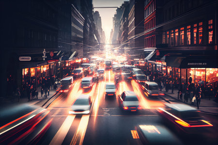 a long exposure of a busy city street, with cars and people whizzing by in blur, created with generative aiの素材