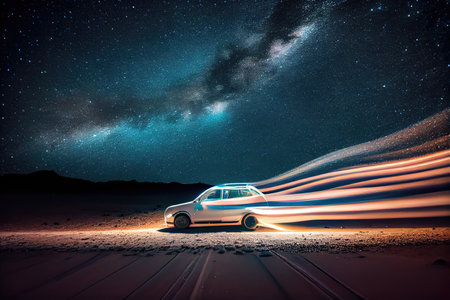 fast-moving car, with long exposure and blurred lights, against starry night sky, created with generative aiの素材
