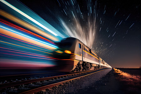 a speeding train, with a long exposure and dramatic motion blur in the night sky, created with generative aiの素材