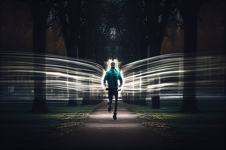 person, running through park, with their motion blurred and light trails visible, created with generative aiの素材