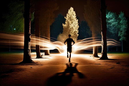 person, running through park, with their motion blurred and light trails visible, created with generative aiの素材