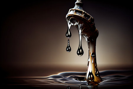 close-up of dripping faucet, with long exposure and blurred water droplets, created with generative aiの素材
