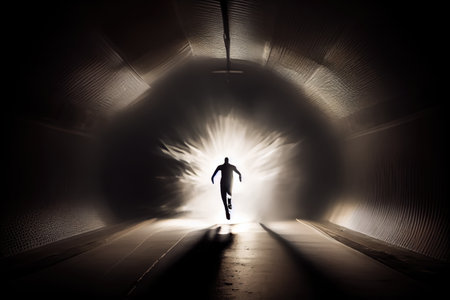 person, sprinting through tunnel of light, with blurred motion and dramatic lighting, created with generative aiの素材