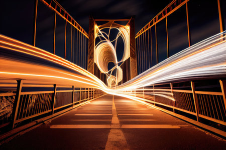 light painting on a suspension bridge, with the motion of passing cars and people visible in the long exposure, created with generative aiの素材