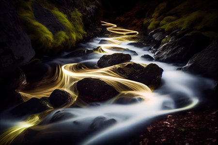 long exposure of running stream, with the light and water making a mesmerizing motion blur, created with generative aiの素材