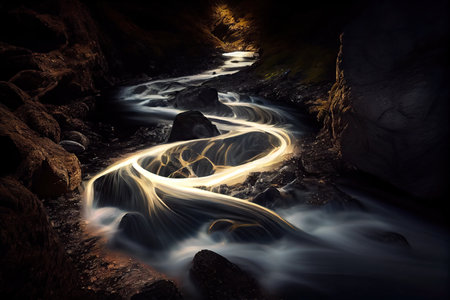 long exposure of running stream, with the light and water making a mesmerizing motion blur, created with generative aiの素材
