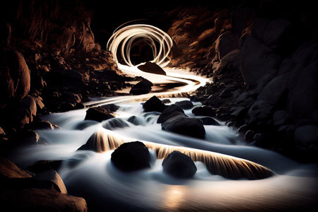 long exposure of running stream, with the light and water making a mesmerizing motion blur, created with generative aiの素材