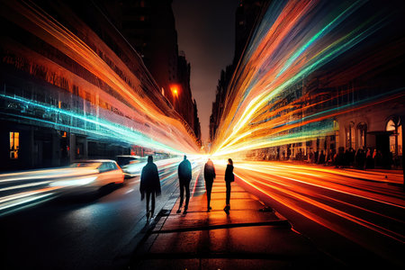 long-exposure night scene, with bright streaks of light from passing cars and people, created with generative aiの素材