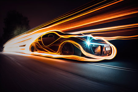 fast-moving car, with its lights shining, captured in long exposure shot, created with generative aiの素材