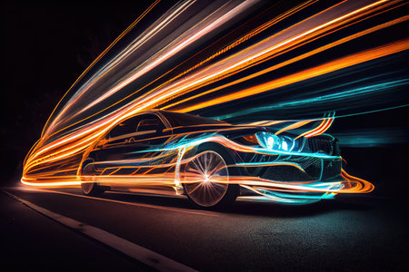 fast-moving car, with its lights shining, captured in long exposure shot, created with generative aiの素材