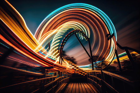 long exposure of person riding roller coaster, with lights and colors flashing by, created with generative aiの素材