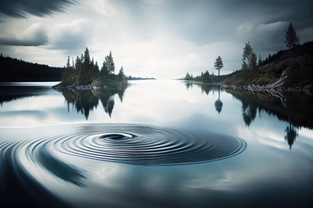 long exposure of peaceful lake, with ripples and reflections adding movement to the tranquil scene, created with generative aiの素材