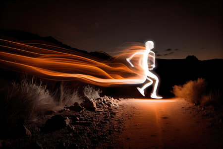 long exposure of person jumping, with the light from their jump trail visible, created with generative aiの素材