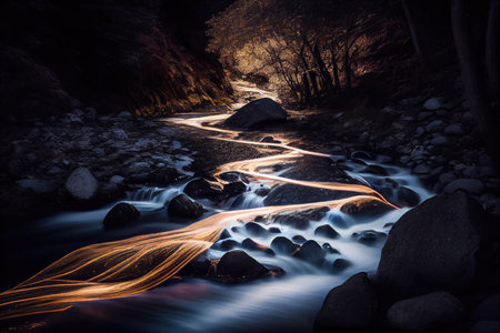 long exposure of running creek, with flashes of light from the water, created with generative aiの素材