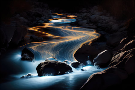 long exposure of running creek, with flashes of light from the water, created with generative aiの素材
