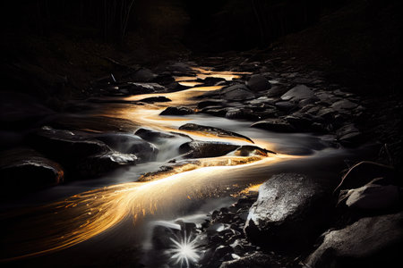 long exposure of running creek, with flashes of light from the water, created with generative aiの素材