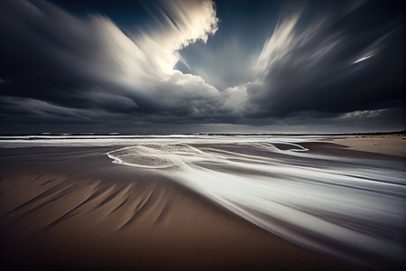 long exposure of windy beach, with waves rolling onto the sand and clouds in the sky, created with generative aiの素材