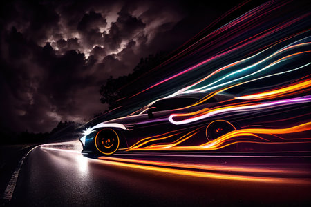 long exposure of a car driving at night, with its headlights and taillights creating dramatic streaks, created with generative aiの素材