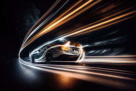 long exposure of a car driving at night, with its headlights and taillights creating dramatic streaks, created with generative aiの素材
