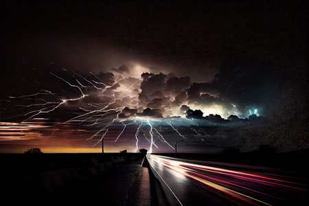 high-speed light streaks past dark and stormy night sky, created with generative aiの素材