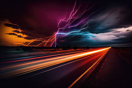high-speed light streaks past dark and stormy night sky, created with generative aiの素材