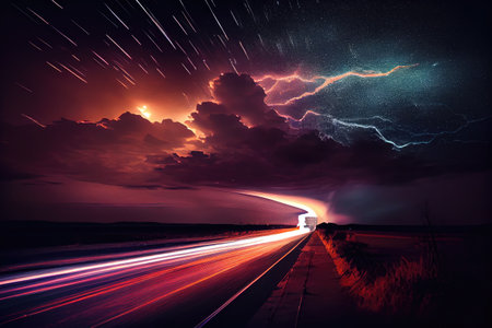 high-speed light streaks past dark and stormy night sky, created with generative aiの素材