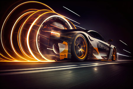 long exposure of speeding race car, with its lights flashing and tires screeching on the track, created with generative aiの素材
