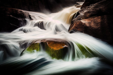 long exposure of rushing waterfall, the flow of water blurred and distorted, created with generative aiの素材