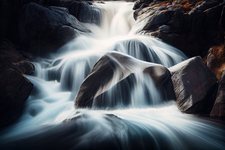 long exposure of rushing waterfall, the flow of water blurred and distorted, created with generative aiの素材