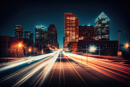 nighttime shot of city skyline with long exposure and motion blur from passing cars, created with generative aiの素材