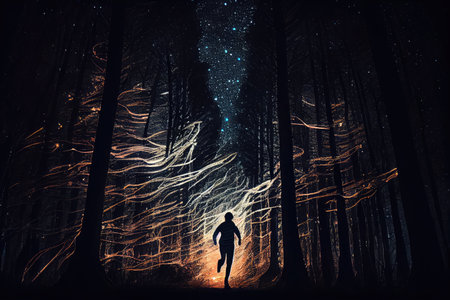 person, running through dark and mysterious forest, with long exposure of the stars shining in the night sky, created with generative aiの素材