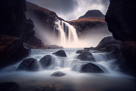 long exposure of waterfall with a blurred, ethereal mist, created with generative aiの素材